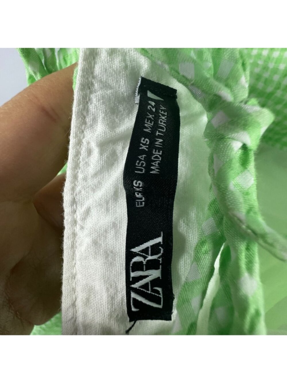 Zara Gingham Dress Size XS Mint Green Puff Sleeve Mini 100% Cotton Side Zipper - Picture 8 of 13